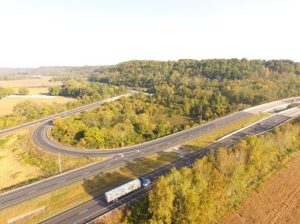 A photo that shows recent heavy highway road construction updates performed on Interstate 74 (I74) in Indiana by the John R. Jurgensen Company.